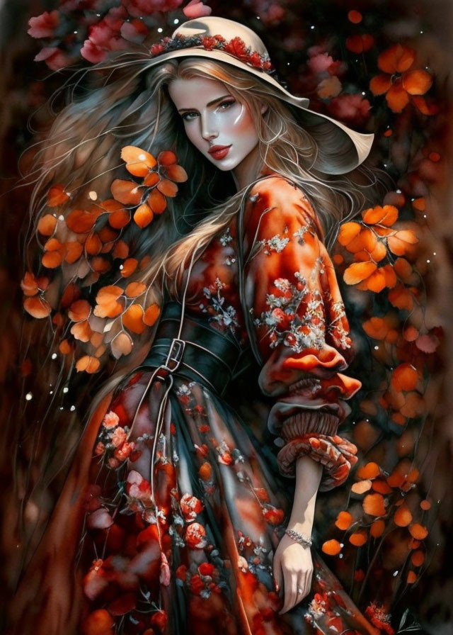 Woman in Vibrant Red Floral Dress Among Autumn Leaves