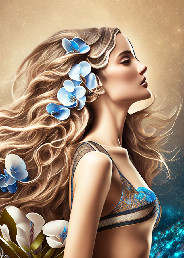 Blonde woman with blue flowers in hair against starry backdrop