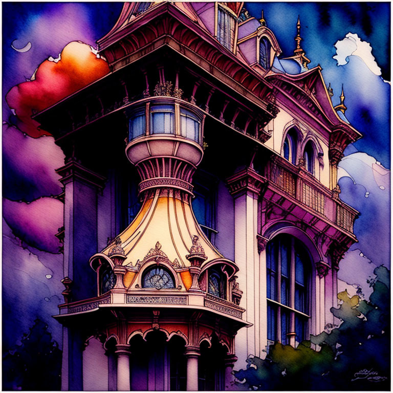 Victorian-style house illustration with ornate details in colorful dusk sky