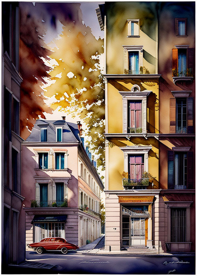 Colorful Autumn Scene: European-style Buildings, Red Car, Vibrant Illustration