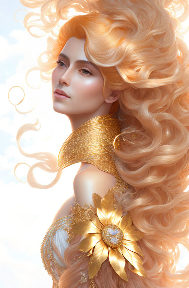 Woman with Curly Golden Hair and Gold Accessories in Soft-lit Setting