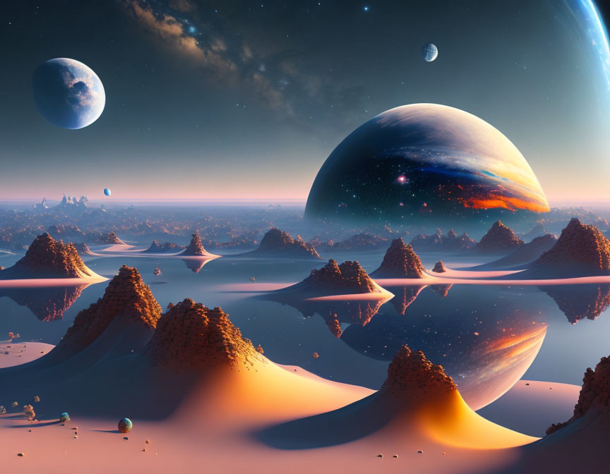 Alien landscape with orange dunes, reflective water, multiple moons, and planets