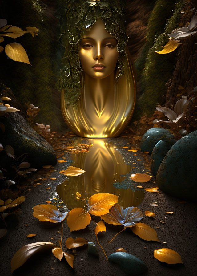 Golden Face Surrounded by Leaves and Water Reflections in Forest