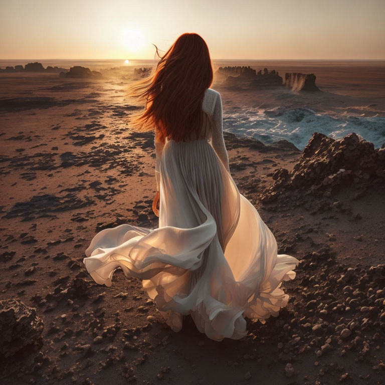 Red-haired woman in white dress on rocky shore at sunset with crashing waves