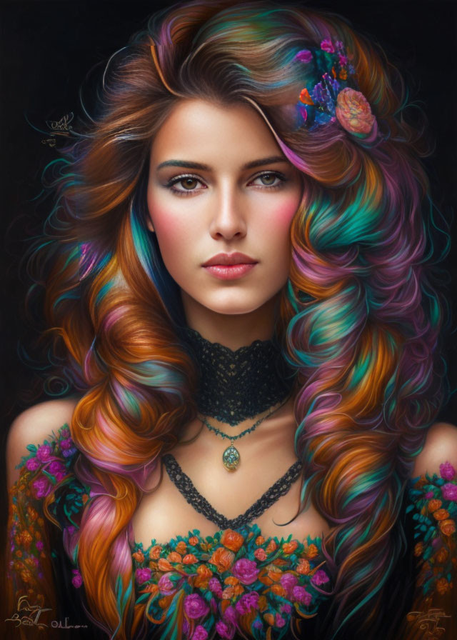 Vibrant woman portrait with multicolored hair and floral dress