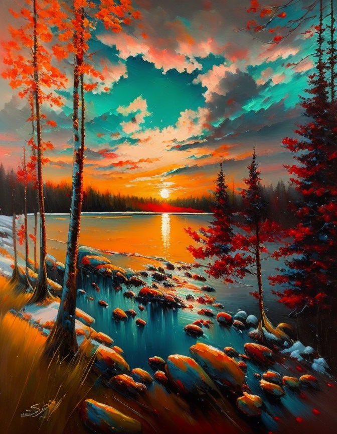 Colorful sunset painting with river, stepping stones, red foliage trees, and dramatic sky