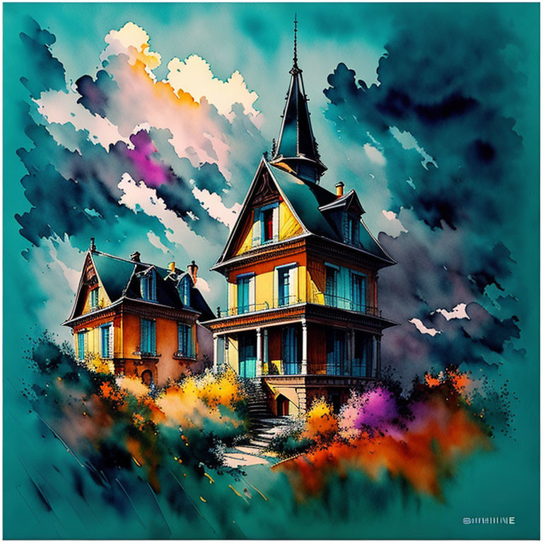 Vibrant Victorian-style house illustration with colorful clouds and floral elements.