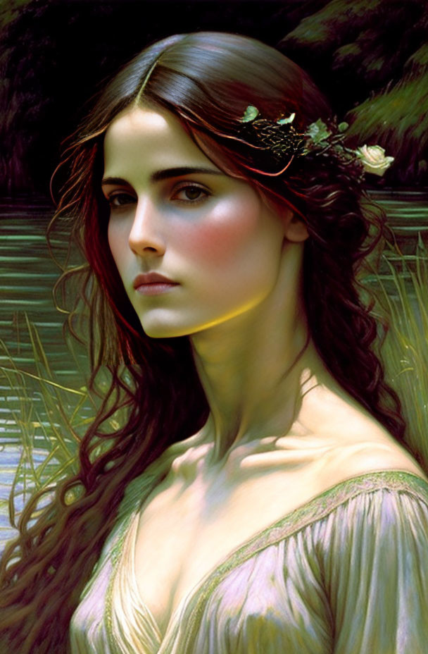 Woman portrait with flowing brown hair, flowers, intense gaze, pale dress, serene water backdrop.