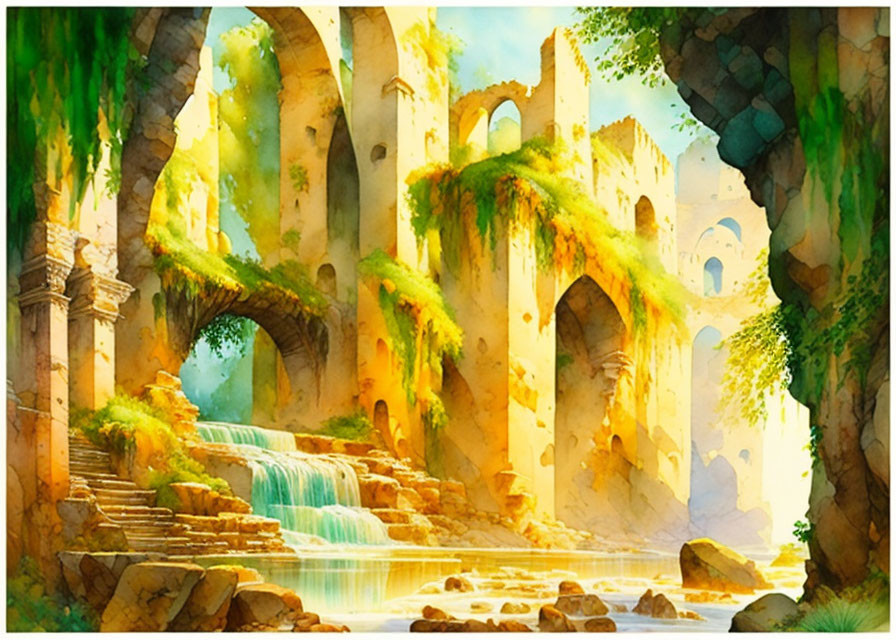 Lush Ancient Ruin Painting with Arches and Waterfalls