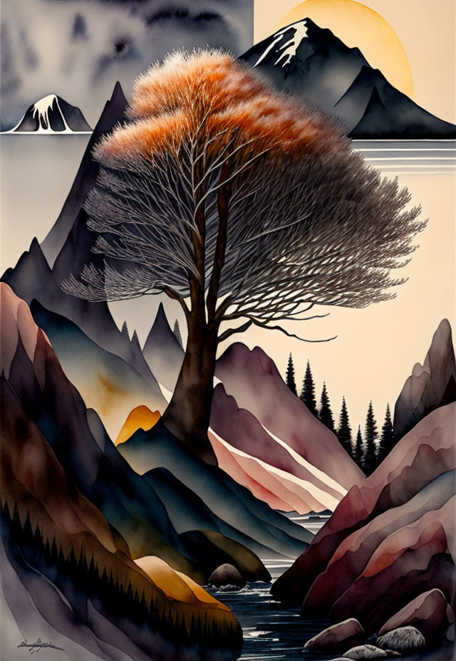 Stylized painting of solitary tree in mountainous landscape