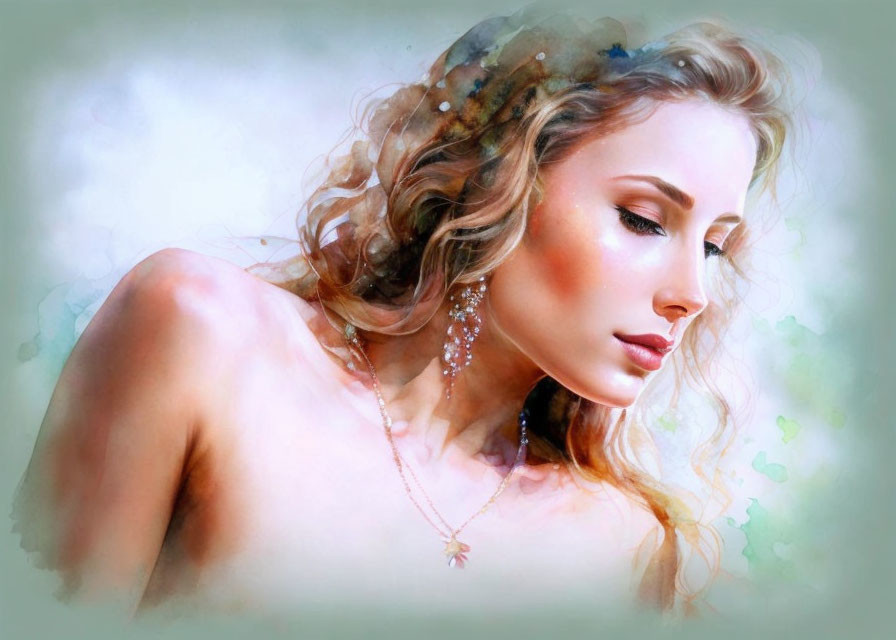 Watercolor-style portrait of woman with wavy hair, earrings, necklace on soft green backdrop