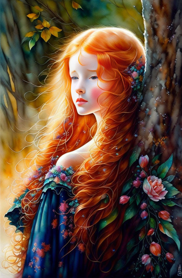 Vibrant illustration of woman with red hair and floral crown in autumnal setting