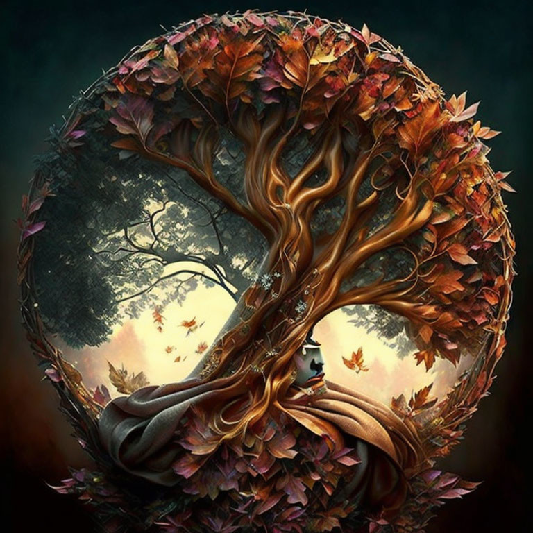 Spherical artwork of twisted tree with autumn leaves and lantern in serene landscape