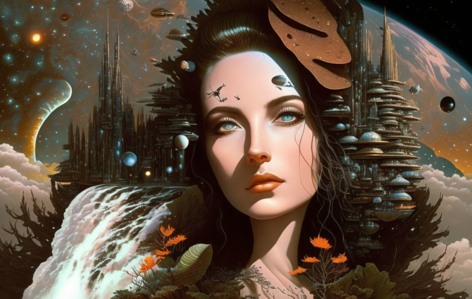 Digital artwork of woman's face with celestial bodies and futuristic cities in hair