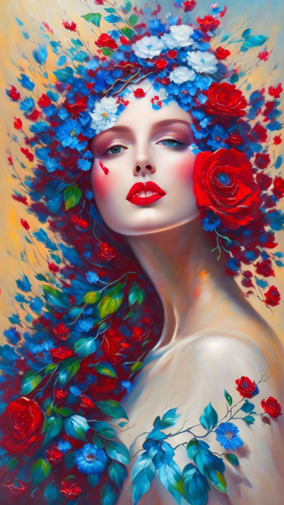 Colorful portrait of a woman with flowers in her hair and serene expression