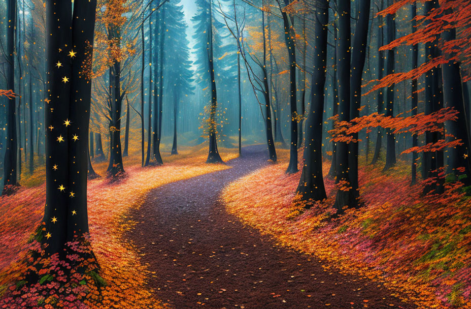 Mystical autumn forest path with golden foliage and glowing lights