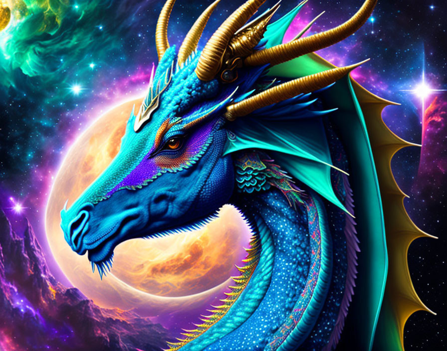 Majestic blue dragon with golden horns in cosmic setting