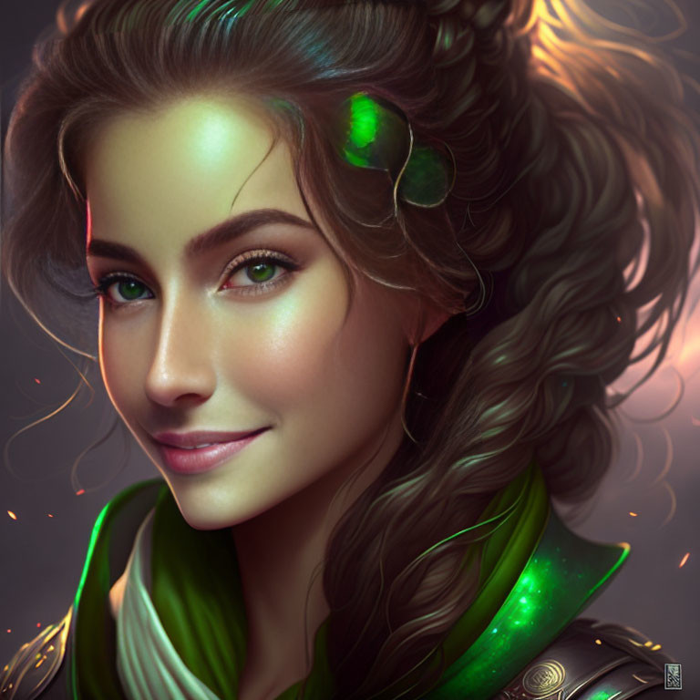 Ethereal digital painting of a woman with luminous green eyes and glowing accents