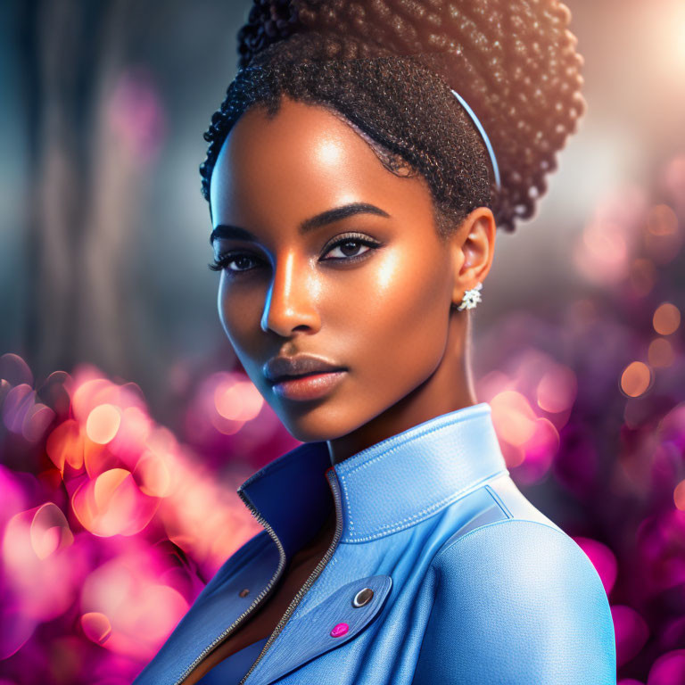 Stylish woman with updo in blue jacket and earrings on pink and blue bokeh background