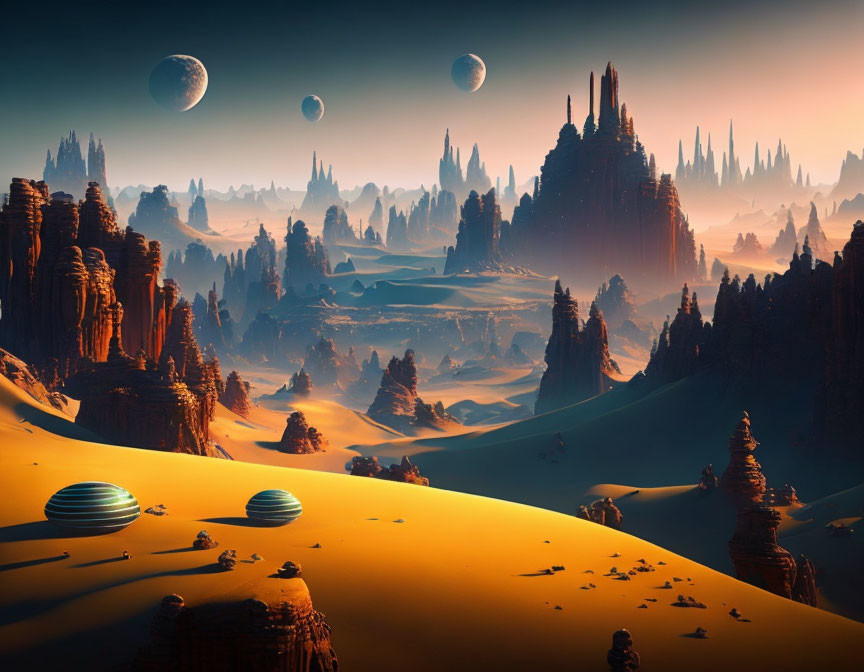 Surreal alien landscape: orange sands, towering rock formations, multiple moons.