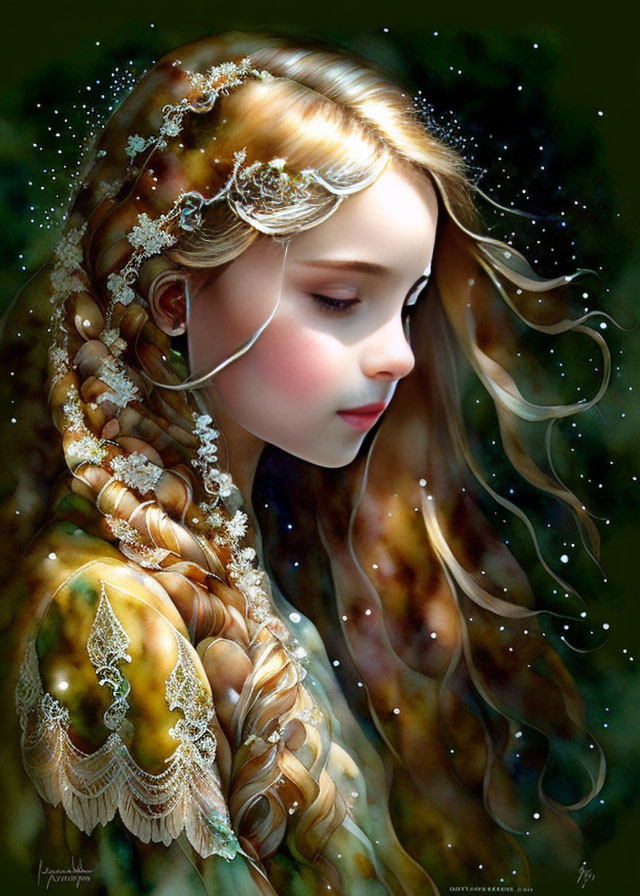 Illustrated portrait of young woman with intricate braid and gem adornments against starry backdrop.