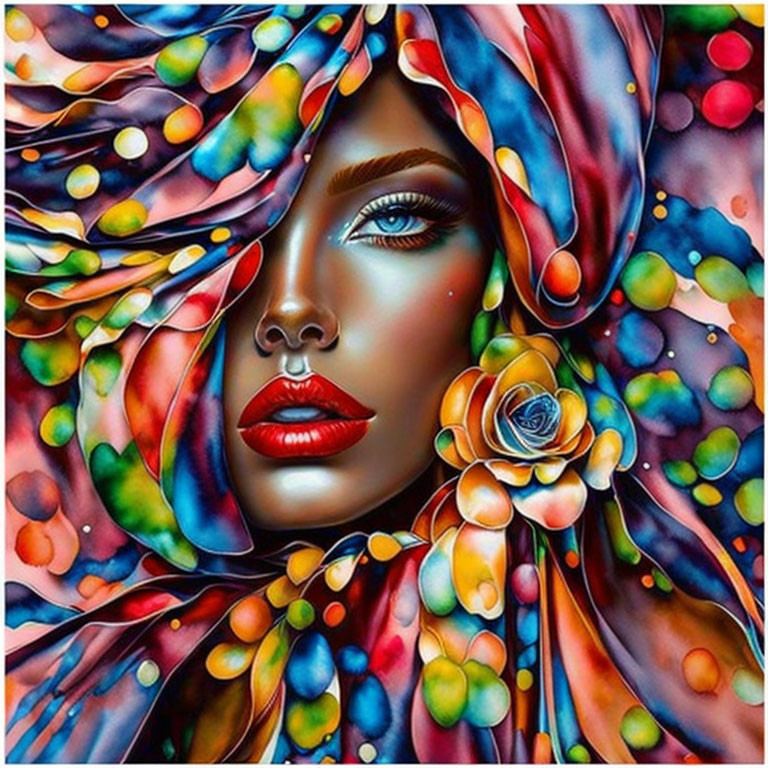 Vibrant portrait of a woman with blue eyes, red lips, and a colorful headscarf