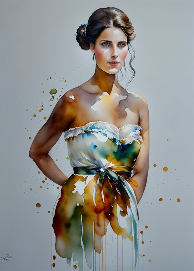 Elegant woman in white watercolor dress with abstract blue and brown patterns