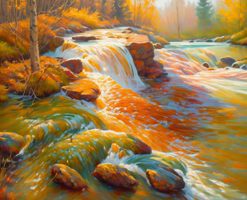 Scenic painting of cascading river with autumn trees in golden sunlight