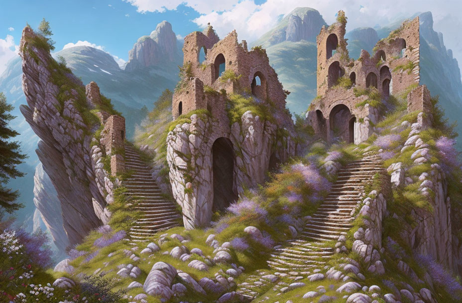 Fantasy landscape: Ancient castle ruins, mountains, stairway, purple flowers