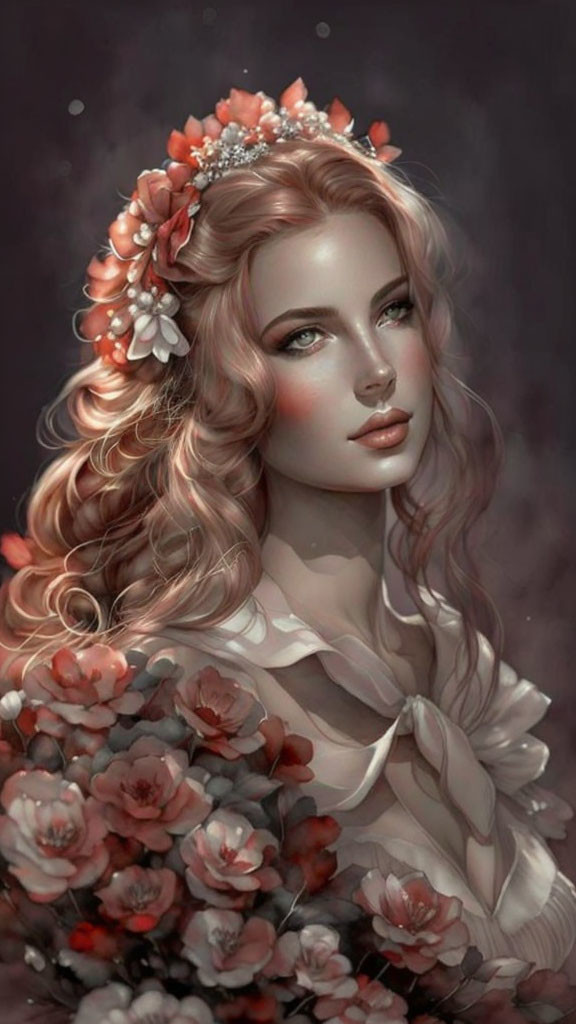 Illustrated portrait of woman with wavy hair, flowers, tiara, white blouse, pink bloss