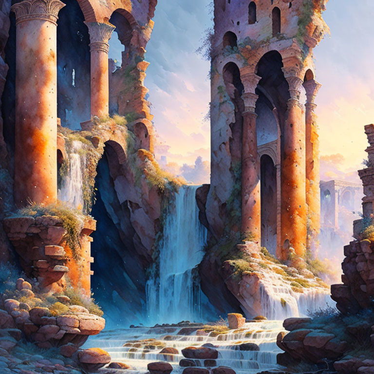 Ancient ruins with waterfalls and towering pillars in tranquil landscape