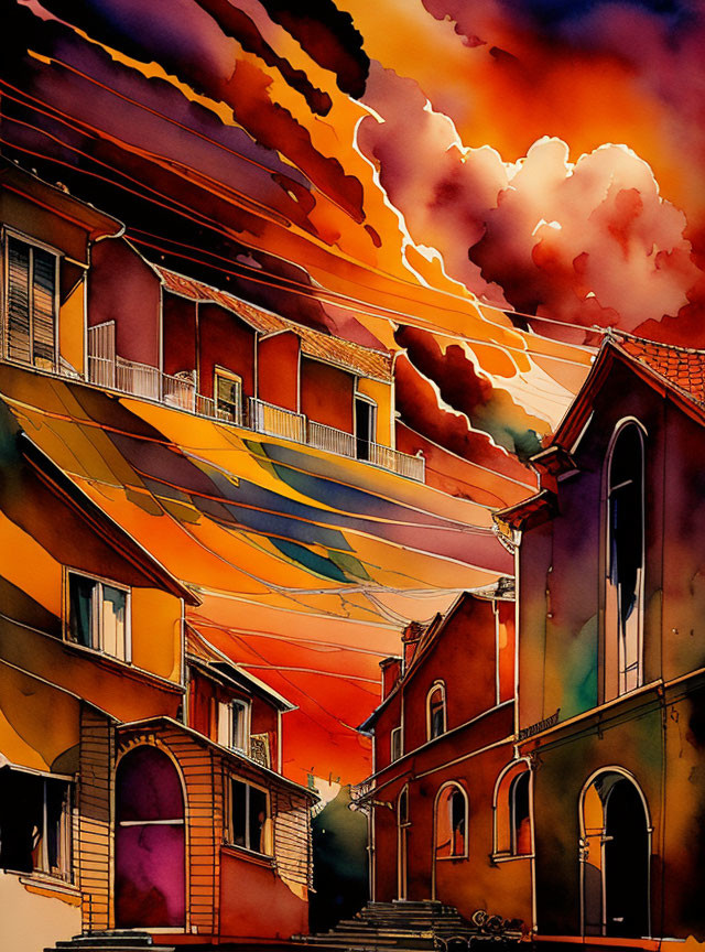 Vibrant Watercolor Painting of Orange Street Scene