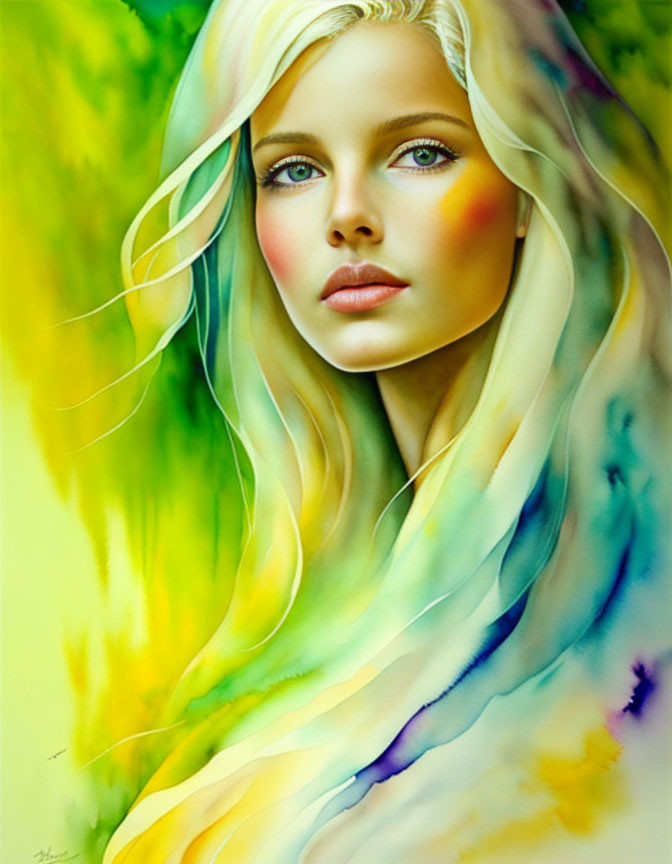 Blonde Woman with Blue Eyes in Abstract Yellow and Green Background