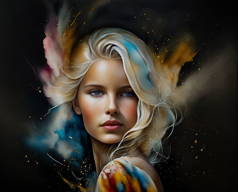 Blonde woman digital portrait with cosmic color splashes