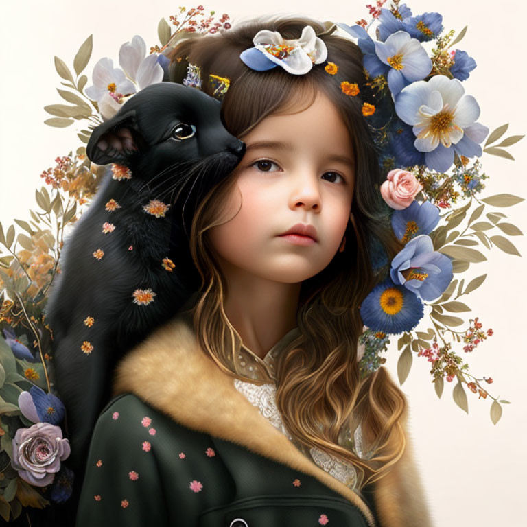 Young girl with floral hair arrangement cuddling black cat on cream background