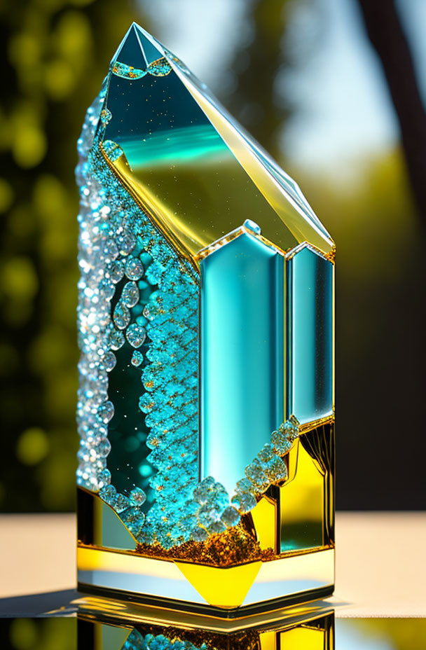 3D-rendered crystal award with gold base and blue-teal gradient