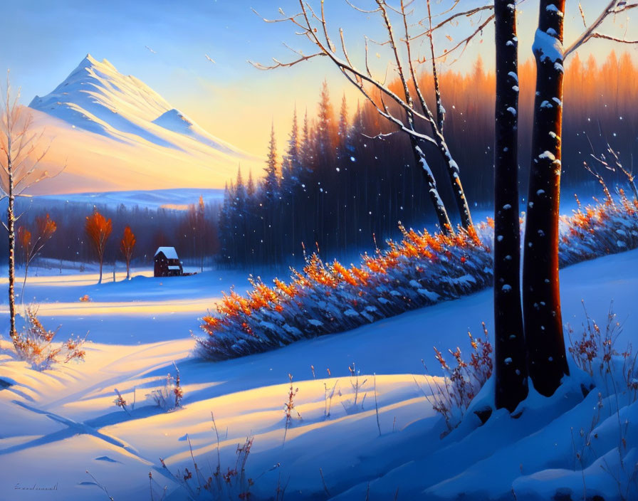 Snowy Sunset Winter Landscape with Trees, Cabin, and Mountain