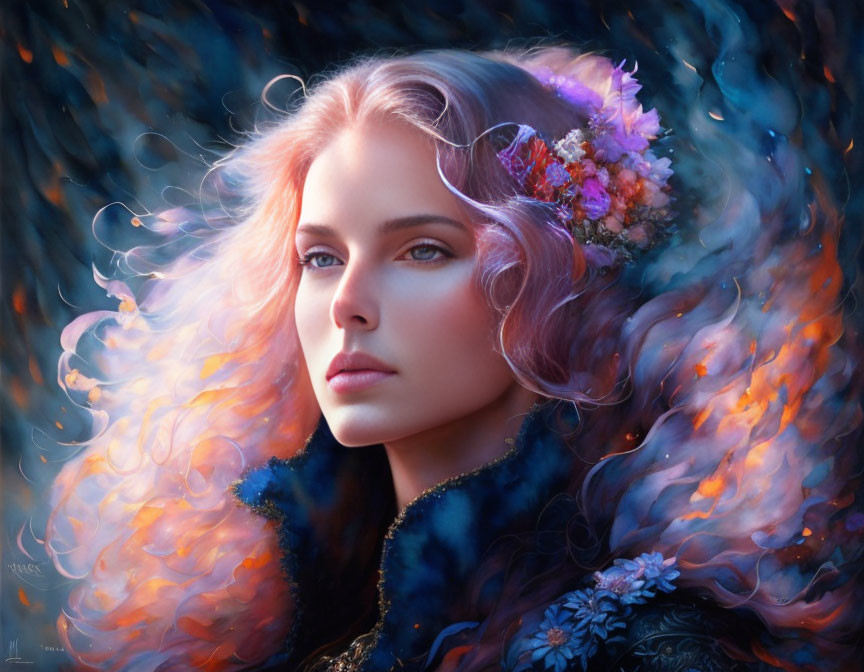 Portrait of Woman with Lavender Hair and Flower Crown in Fiery and Cool Colors