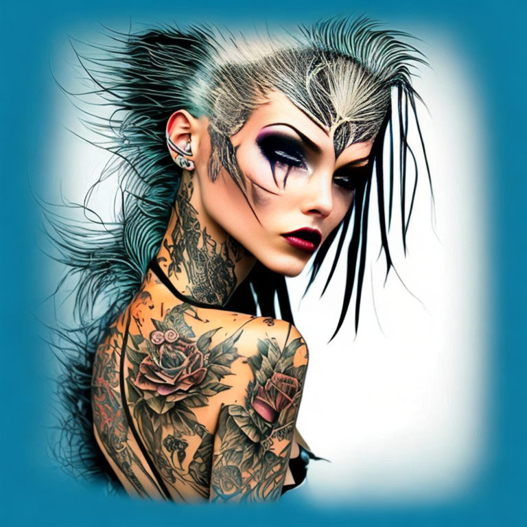 Portrait of Woman with Dramatic Makeup, Hairstyle, and Floral Tattoos