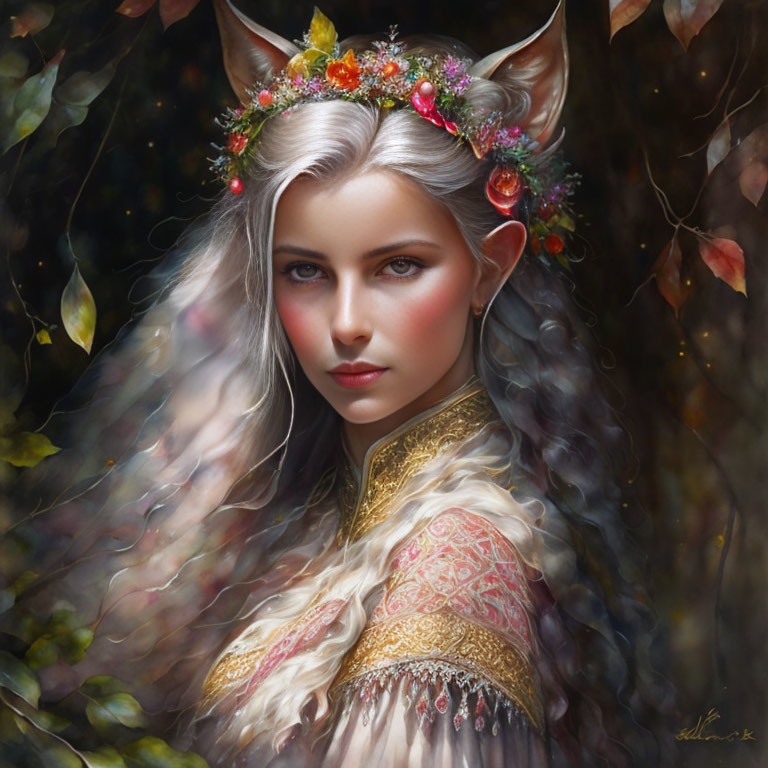 Fantasy portrait of a woman with pointed ears and floral crown