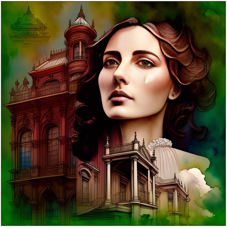 Woman with flowing hair merged with intricate classical building in surreal art style