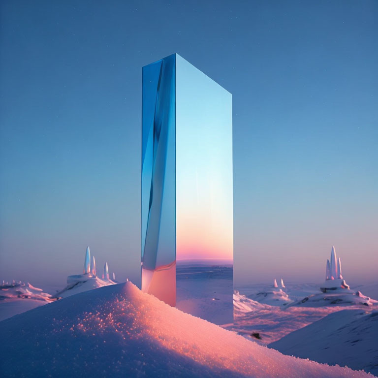 Monolithic mirror in snowy landscape reflecting sky at sunrise or sunset