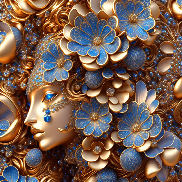 Digital artwork: Woman's face with gold and blue floral patterns