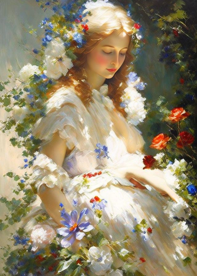 Woman in white with floral hair, surrounded by blooming flora