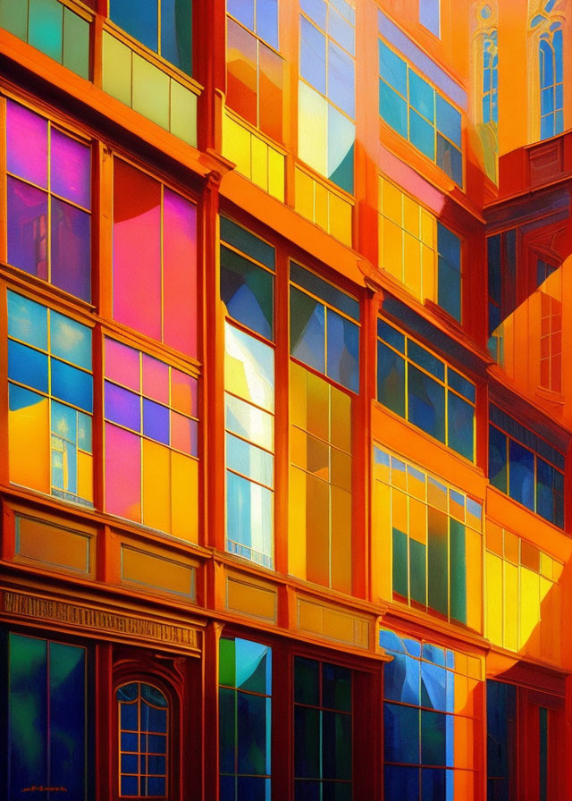 Colorful Geometric Patterned Building Facade with Vibrant Window Reflections