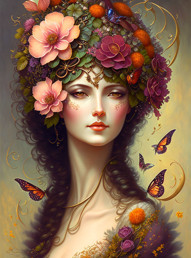 Stylized portrait of woman with vibrant floral headdress