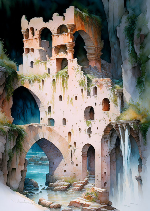 Fantasy watercolor painting of ancient ruin with arches and waterfall