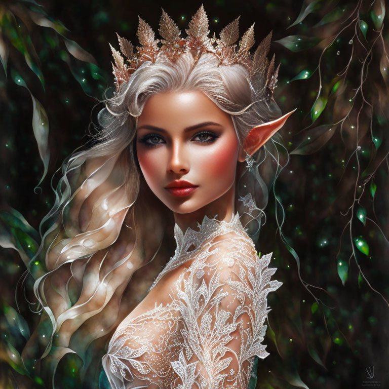 Fantasy Elf Queen with Sparkling Crown in Mystical Forest