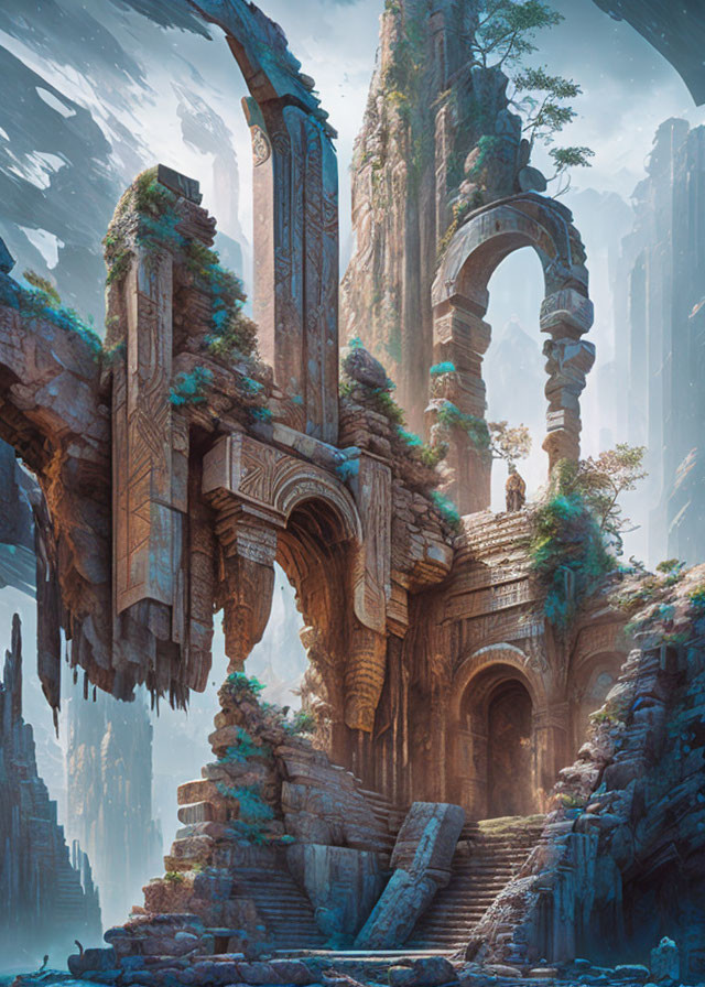 Ethereal ancient ruin in wild natural landscape with towering rock formations