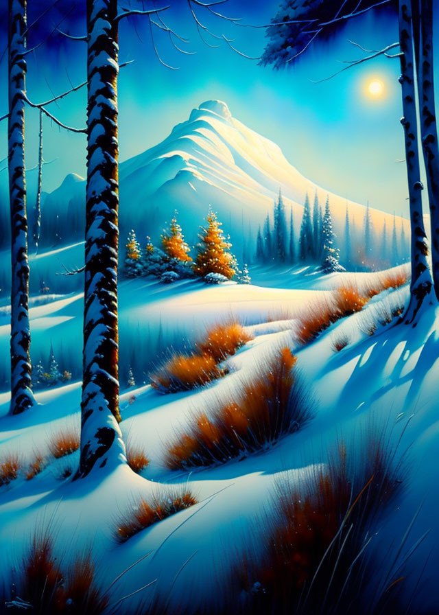 Snow-covered mountain and birch trees in serene winter landscape